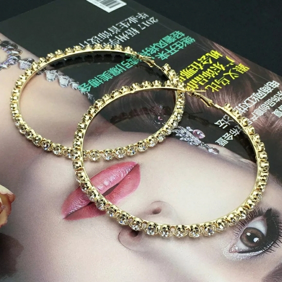 Gold Crystal Geometric Bling Round Hoop Earrings - Picture 5 of 5